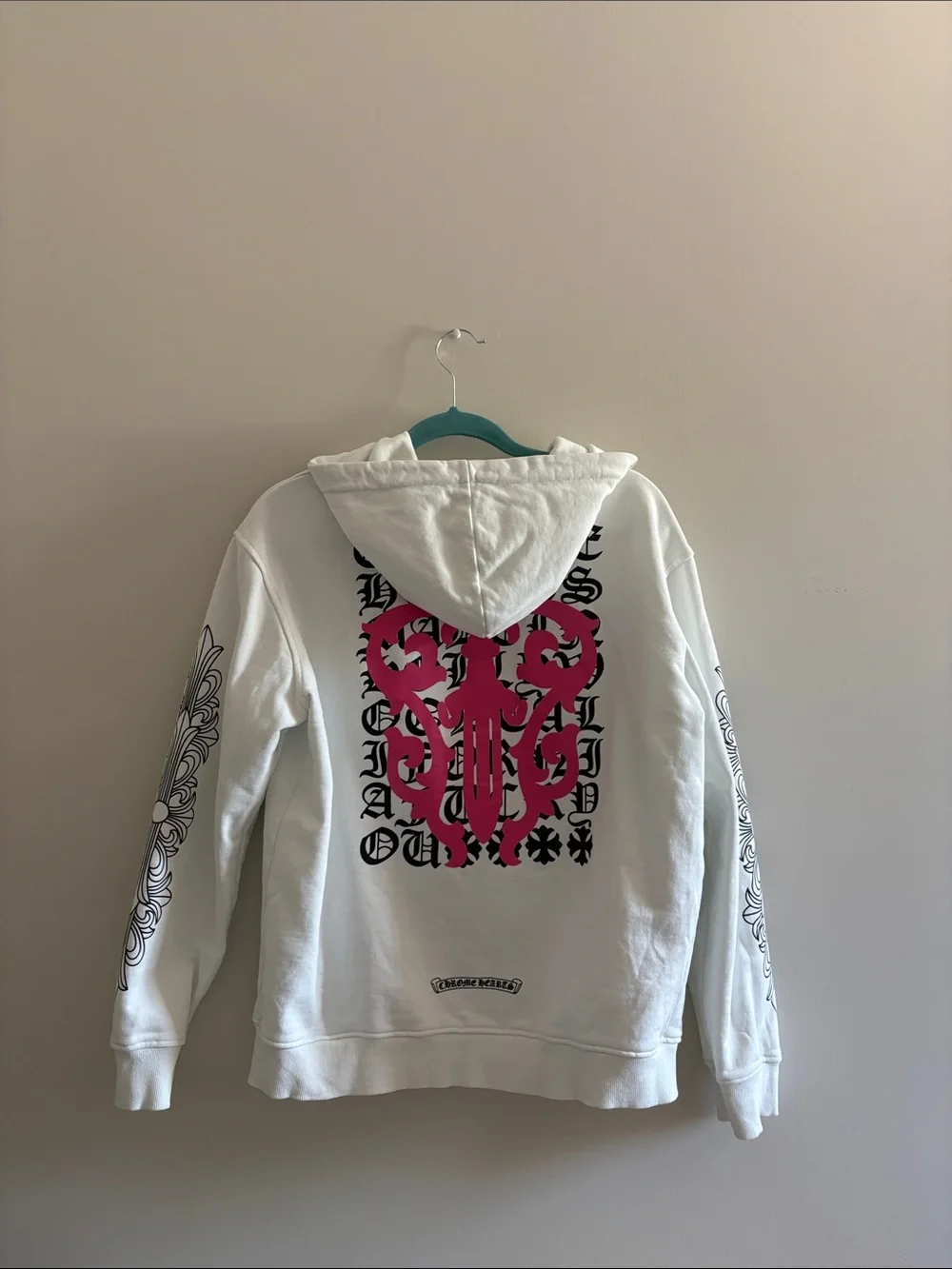 Chrome Hearts White Zip-Up Hoodie with Black Sleeve Floral Graphics